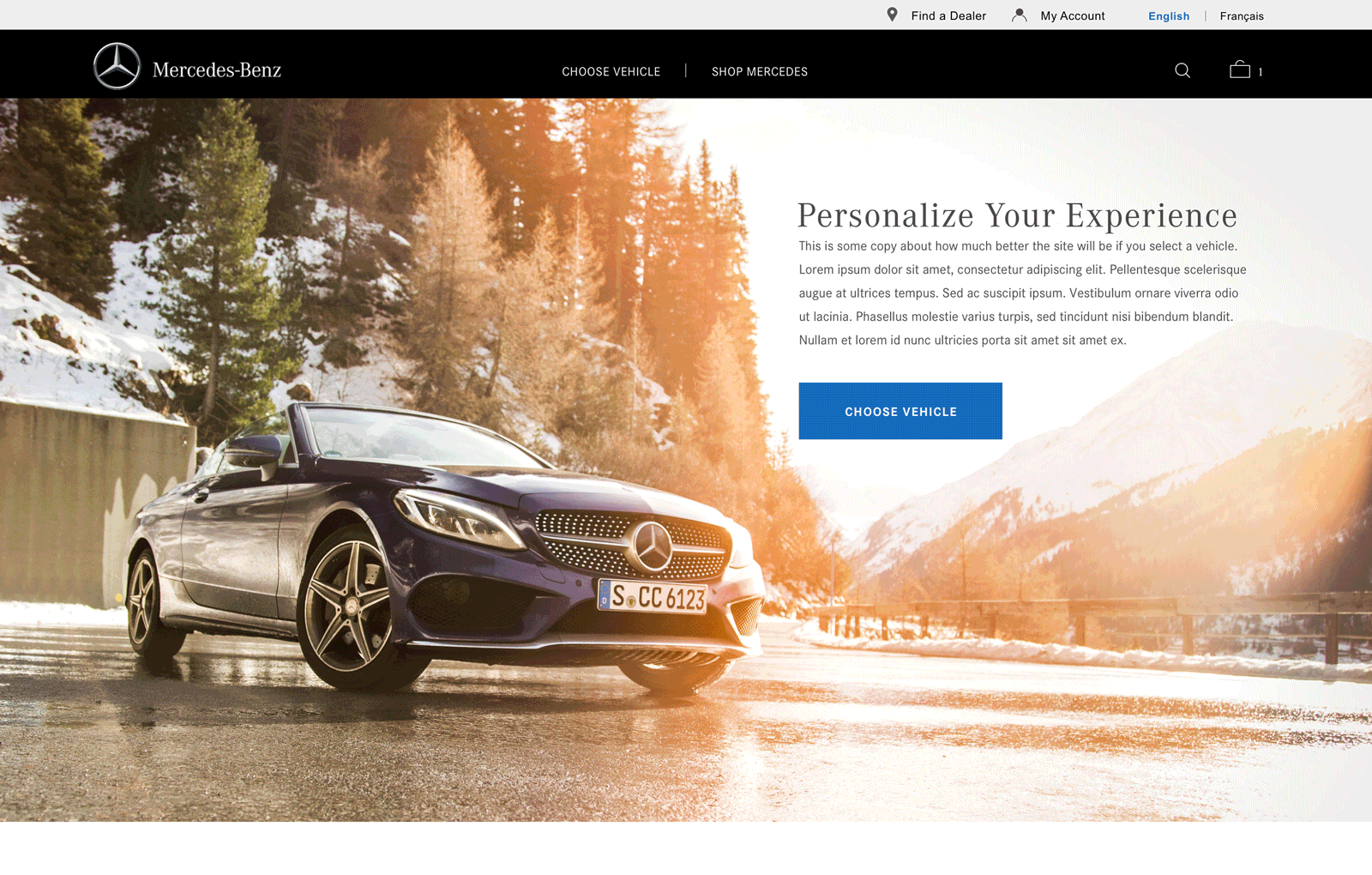 Animated Mercedes-Benz navigation with Choose Vehicle and Shop Mercedes paths